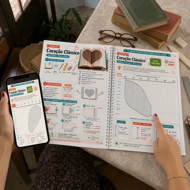 Material de dobradura de livros aberto para consulta